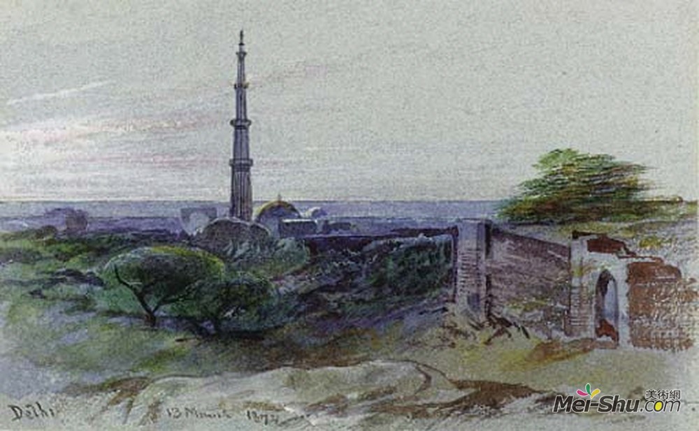 爱德华·里尔(Edward Lear)高清作品《在视图中，库特布高塔，德里》