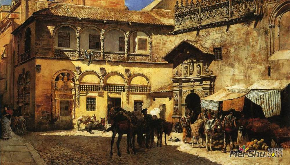 埃德温·罗德·威克斯(Edwin Lord Weeks)高清作品《Market Square in Front of the Sacristy and Doorway of the Ca》