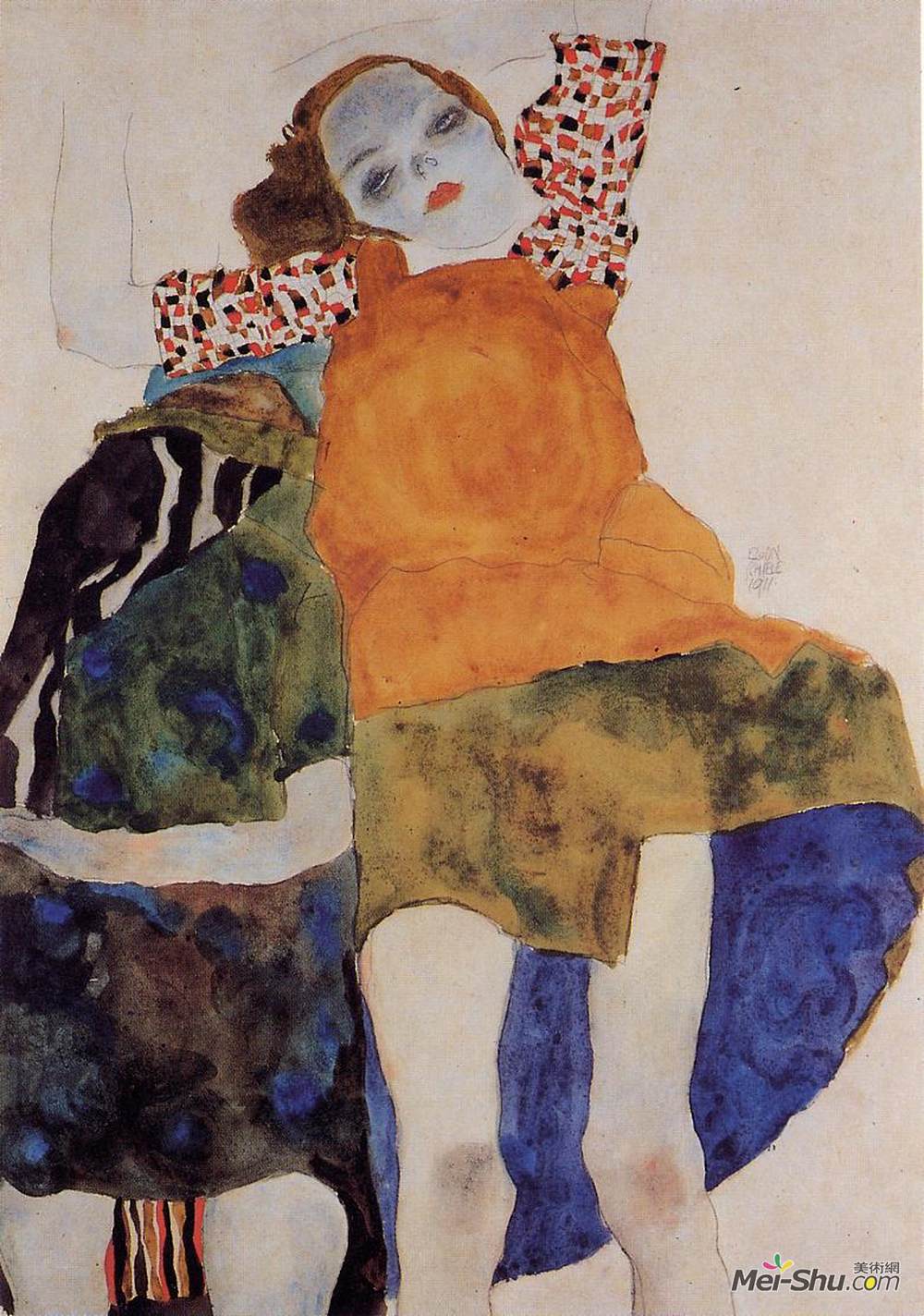 《两个坐着的女孩》埃贡·席勒(egon schiele)高清作品欣赏