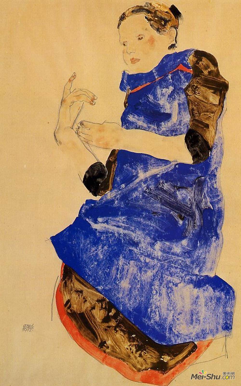 埃贡·席勒(Egon Schiele)高清作品《穿着蓝色围裙的女孩》