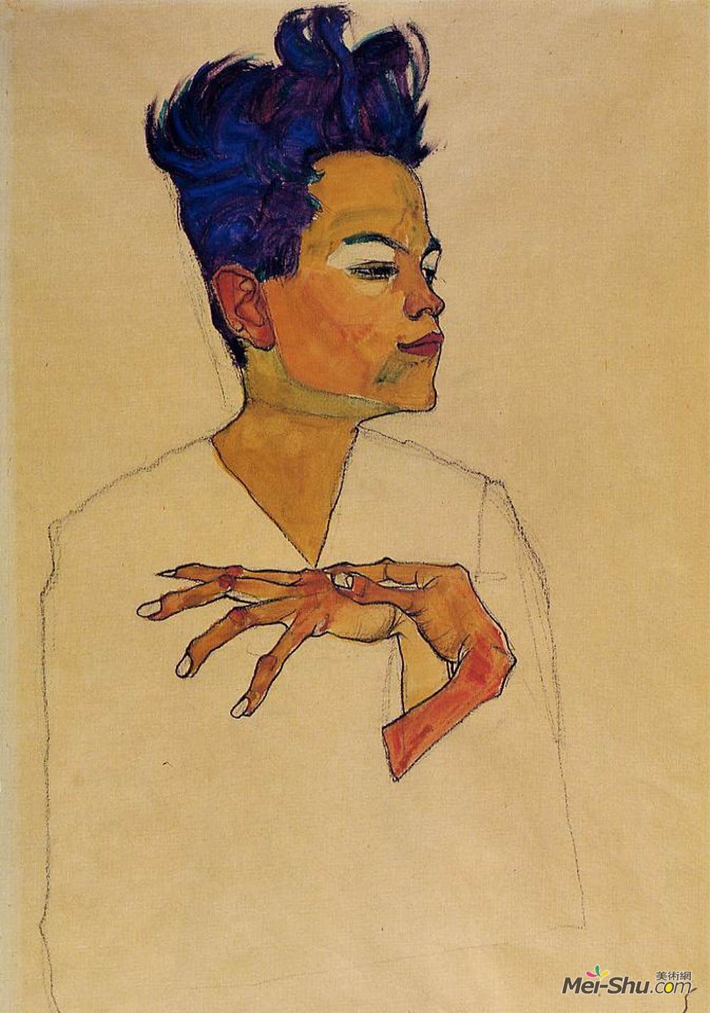 埃贡·席勒(Egon Schiele)高清作品《手上胸部自画像》