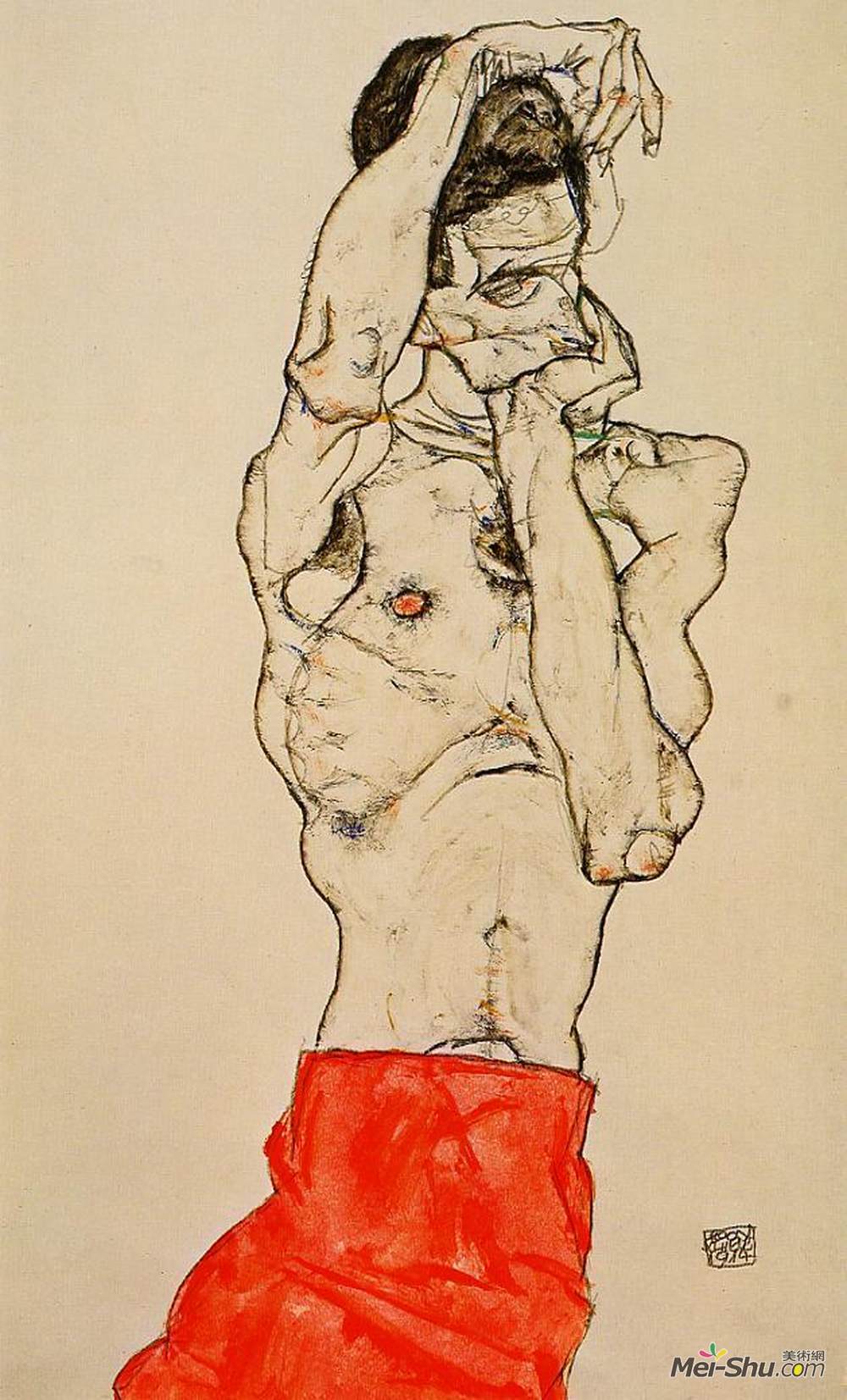 埃贡·席勒(Egon Schiele)高清作品《用红腰布站立男性裸体》