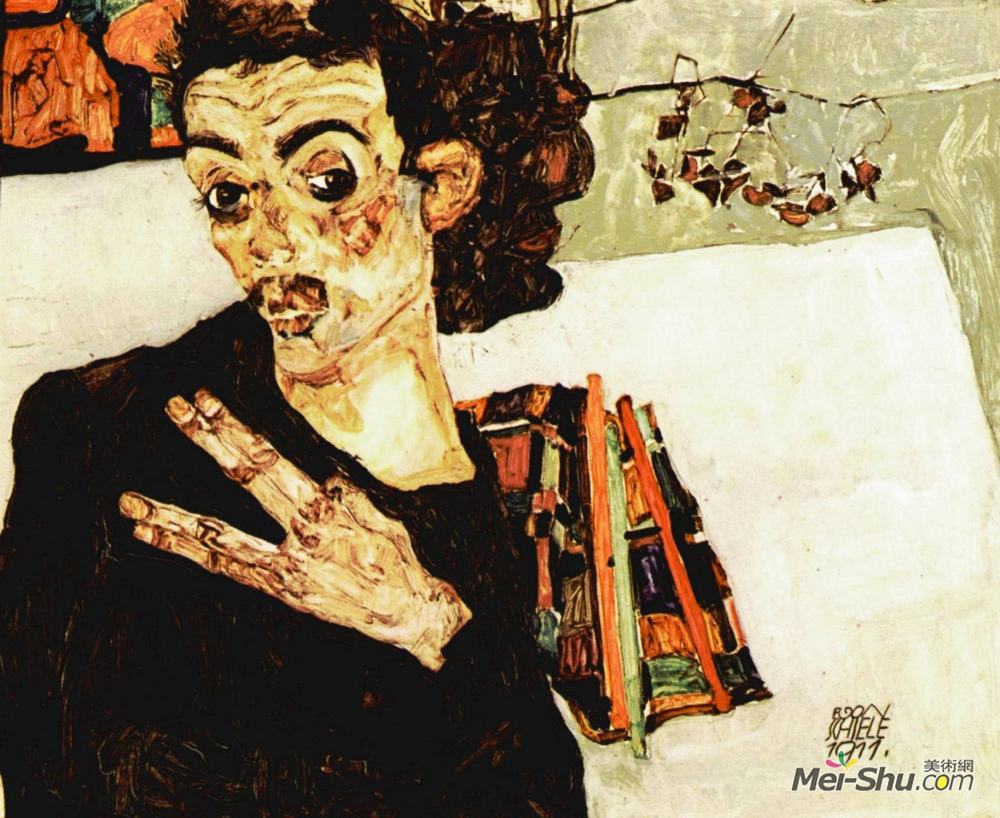 埃贡·席勒(Egon Schiele)高清作品《黑色花瓶和散布手指的自画像》