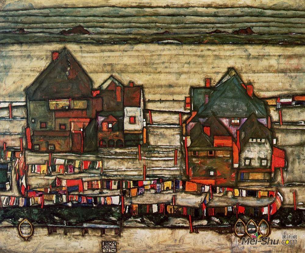 埃贡·席勒(Egon Schiele)高清作品《带洗衣房（塞堡）》