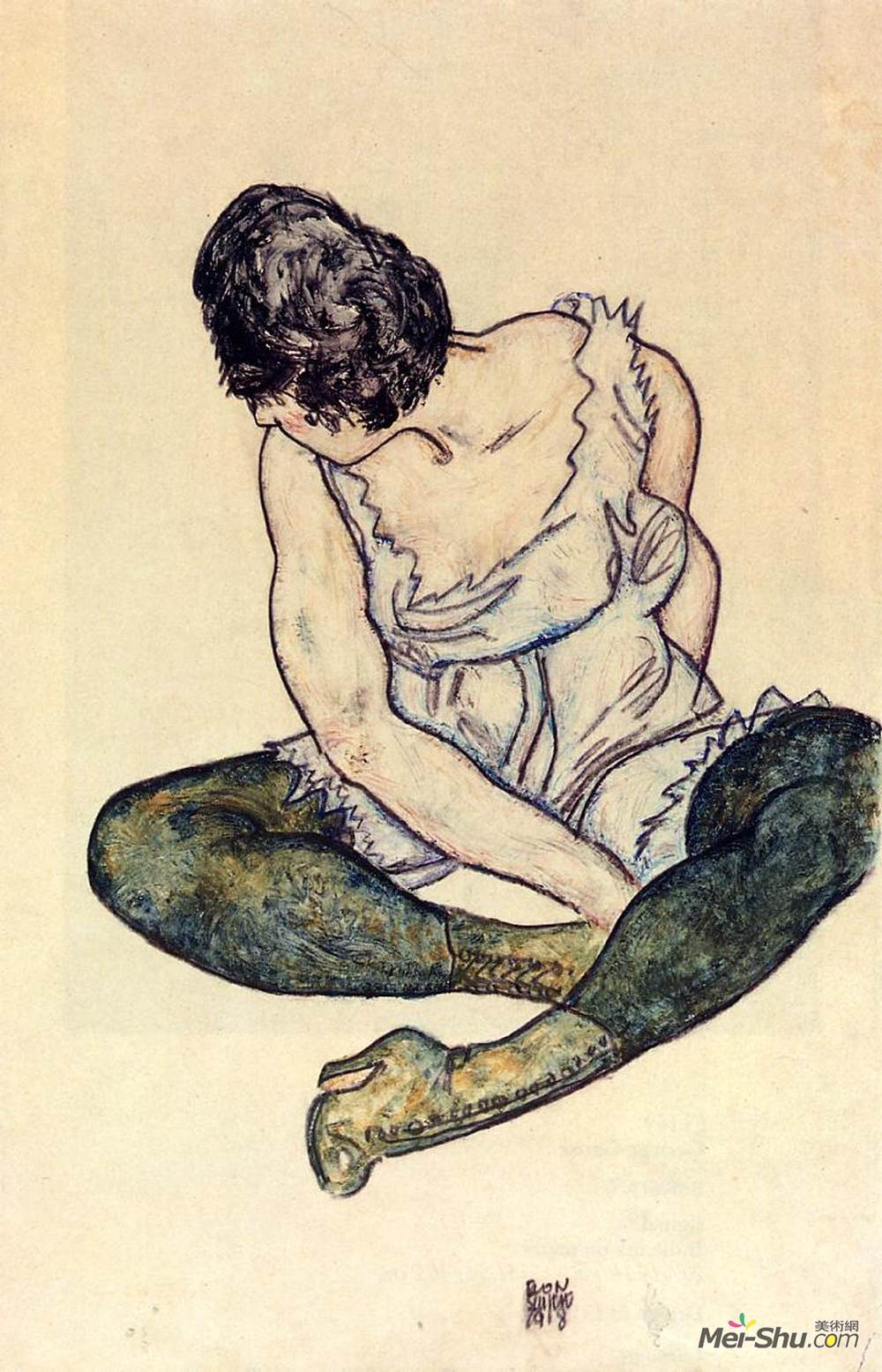 埃贡·席勒(Egon Schiele)高清作品《坐着绿色丝袜的女人》