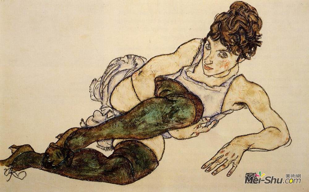 埃贡·席勒(Egon Schiele)高清作品《斜倚绿色丝袜的女人（阿黛尔危害）》
