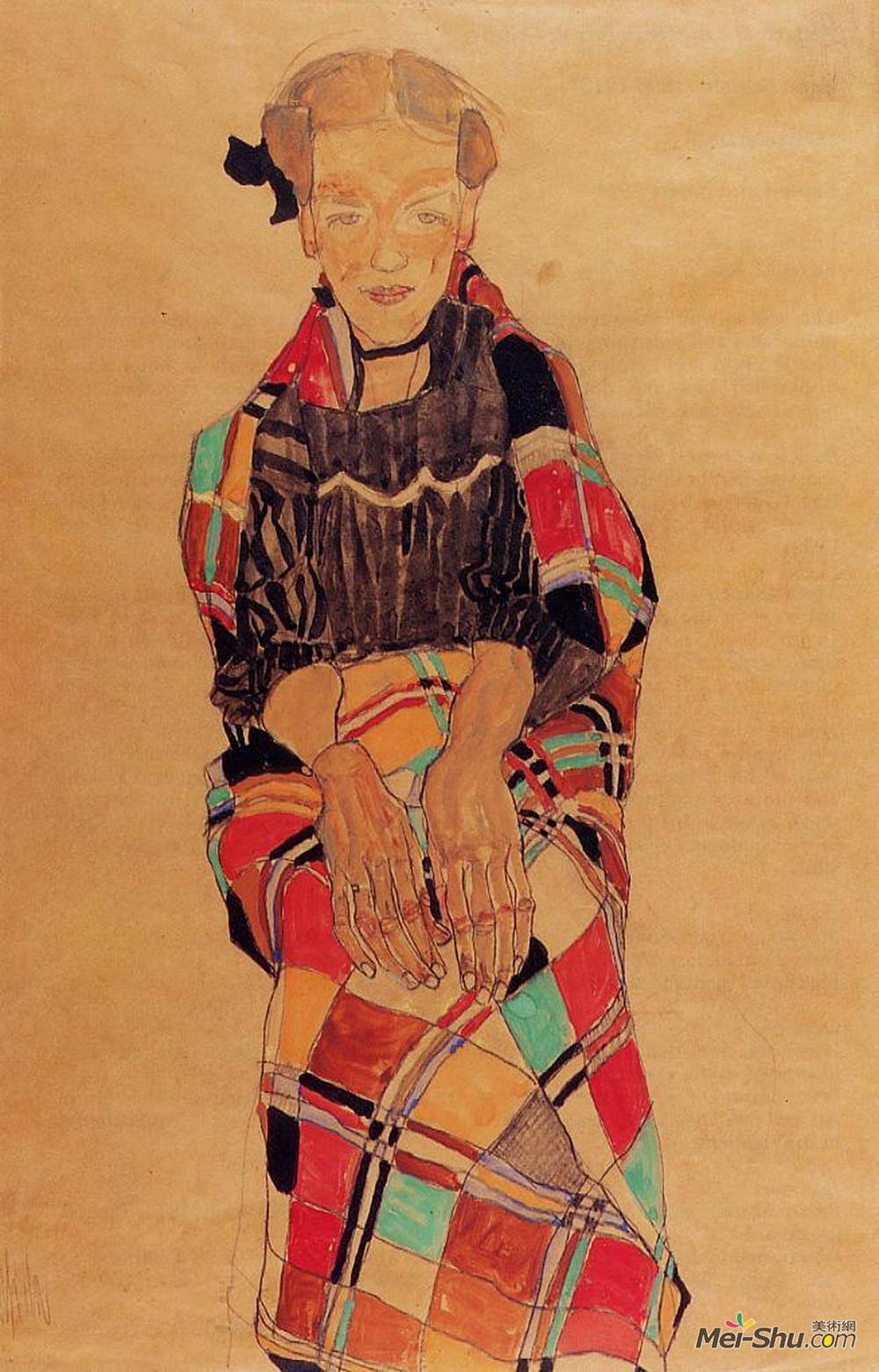 埃贡·席勒(Egon Schiele)高清作品《黑围兜的女孩，包裹在格子花呢披肩毯子》