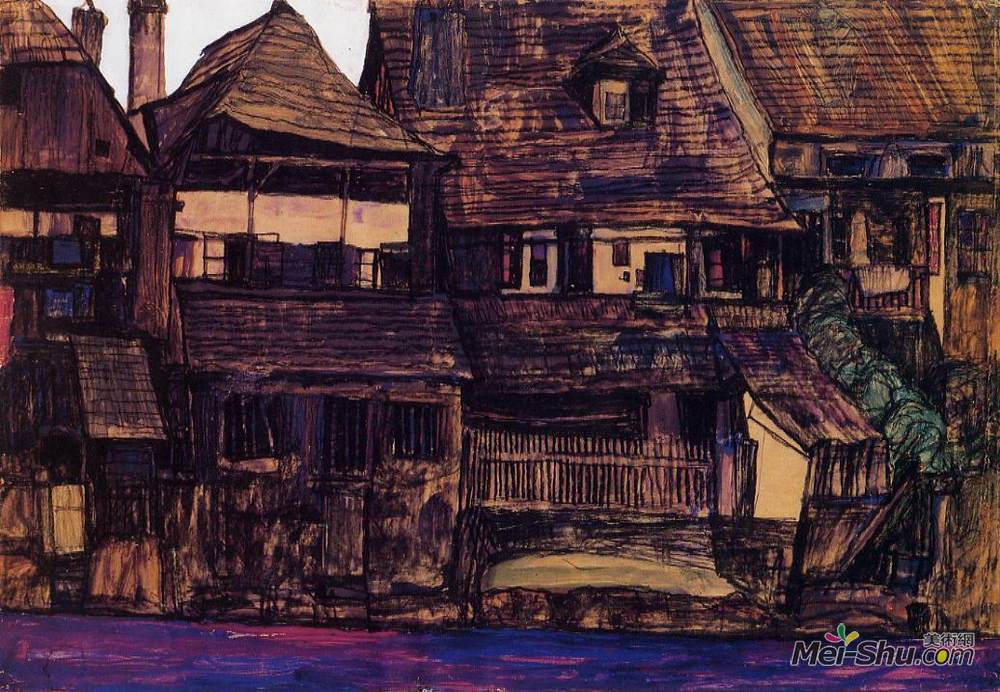 埃贡·席勒(Egon Schiele)高清作品《Houses on the Moldau, Krumau》