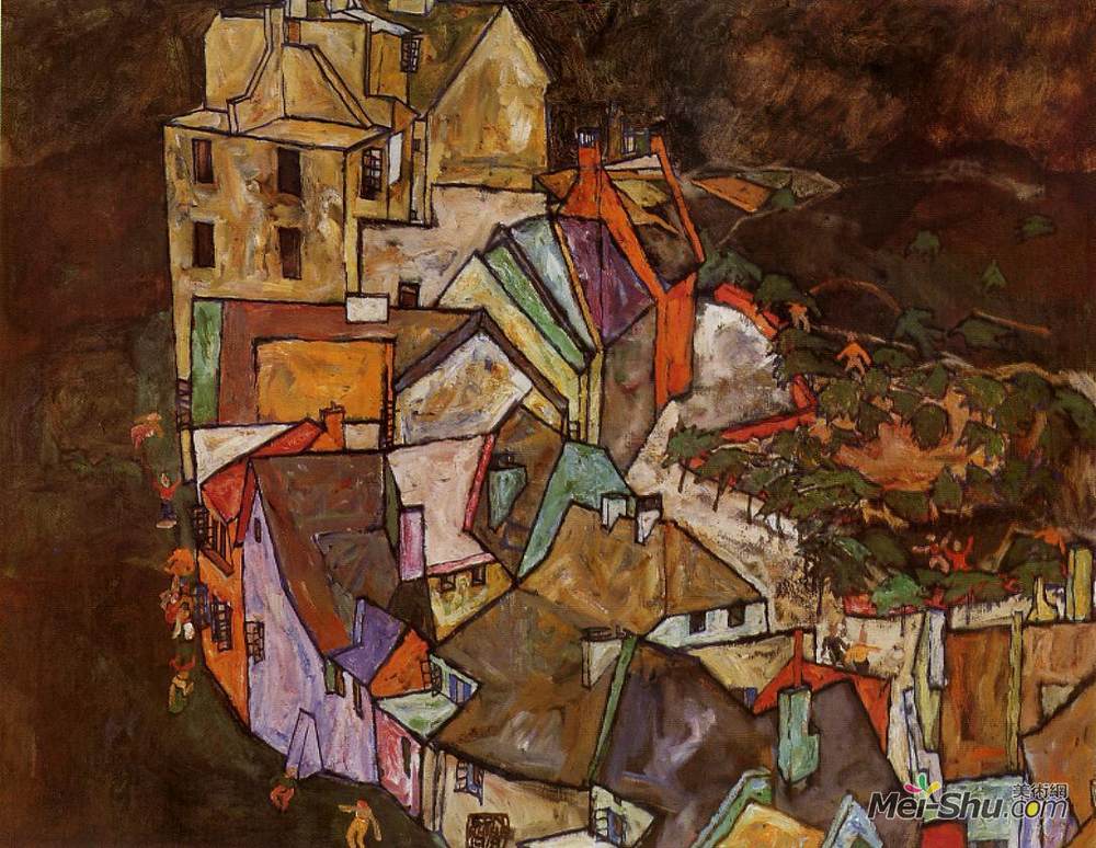埃贡·席勒(Egon Schiele)高清作品《城镇边缘（克鲁玛镇新月）》
