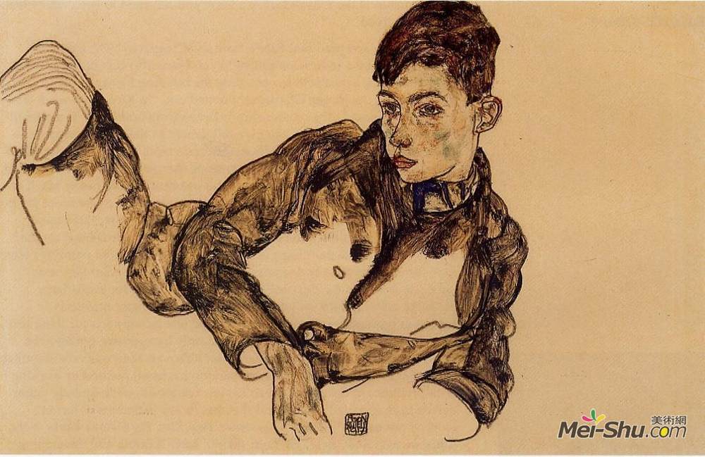 埃贡·席勒(Egon Schiele)高清作品《倾斜在他的手肘的斜倚的男孩》