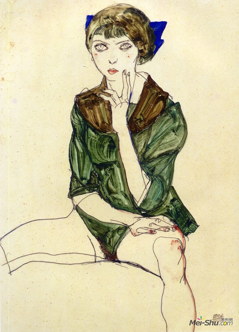 埃贡·席勒(Egon Schiele)高清作品《坐在绿色上衣里的女人》