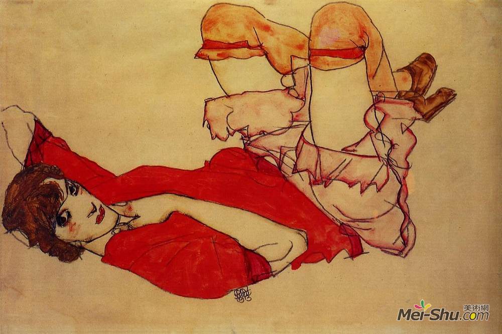 埃贡·席勒(Egon Schiele)高清作品《穿着红色上衣》