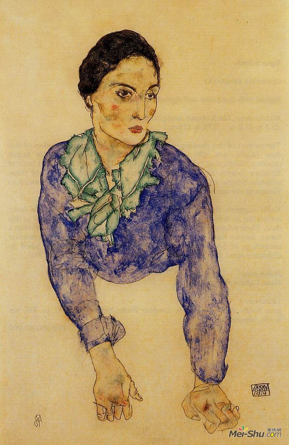 埃贡·席勒(Egon Schiele)高清作品《一名妇女的画象有蓝色和绿色围巾的》