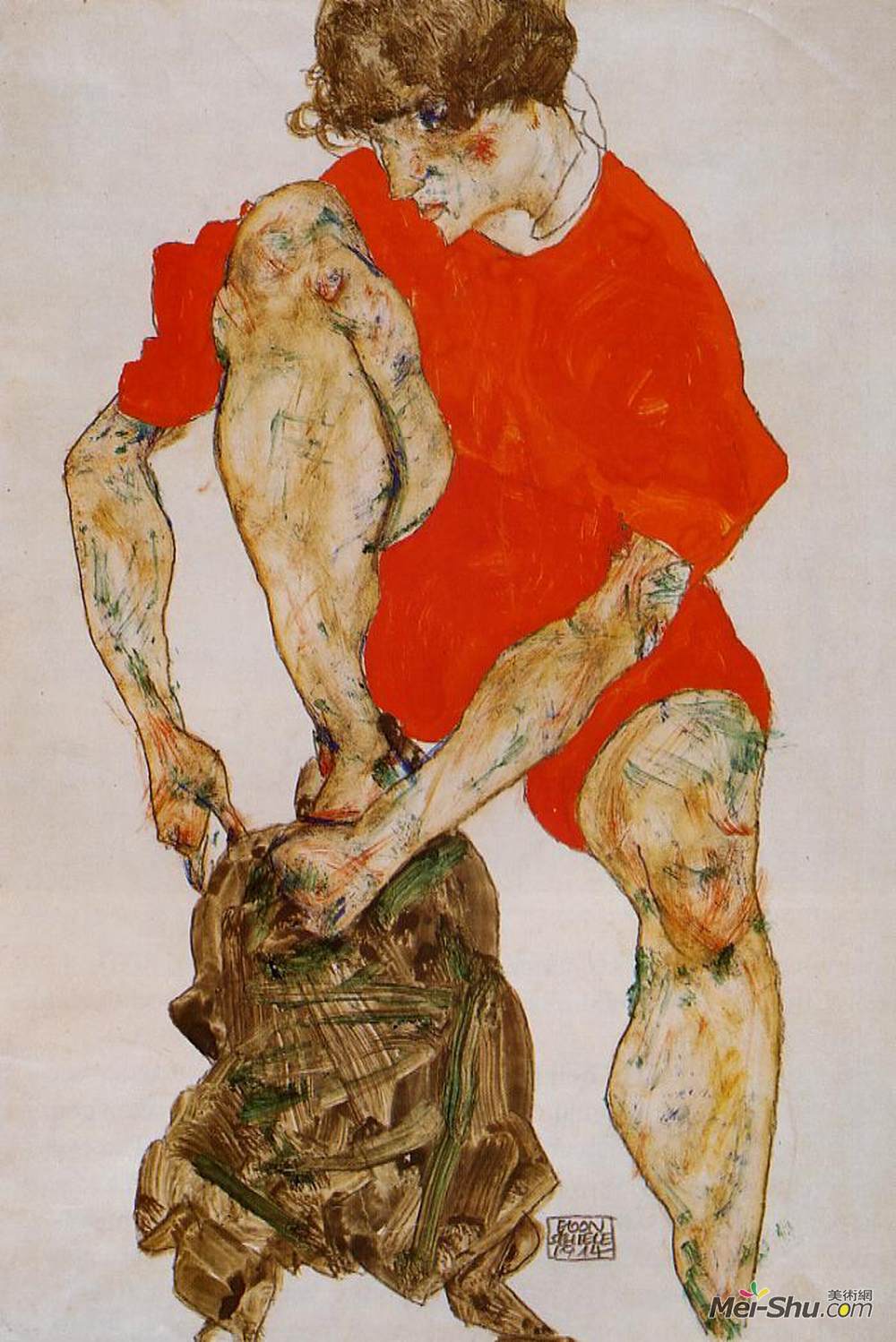 埃贡·席勒(Egon Schiele)高清作品《鲜艳的红色夹克和裤子女模特》