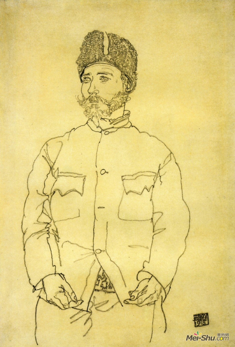 埃贡·席勒(Egon Schiele)高清作品《俄罗斯战俘裘皮帽》