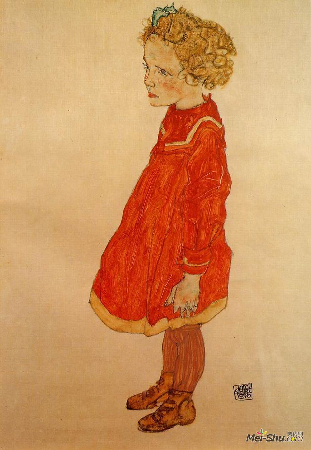 埃贡·席勒(Egon Schiele)高清作品《穿着红衣服的金色头发的小女孩》