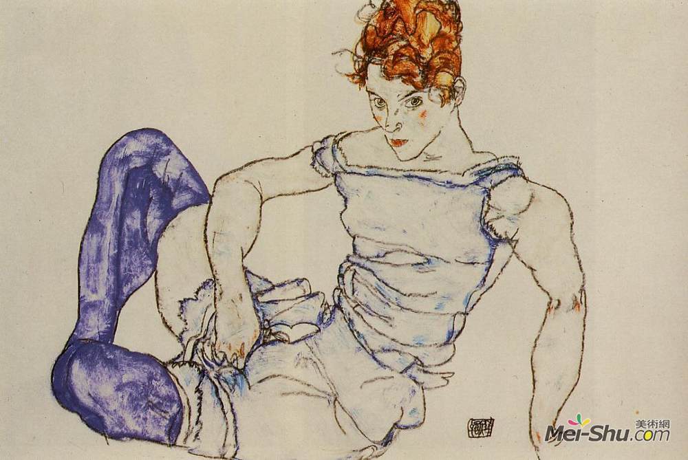 埃贡·席勒(Egon Schiele)高清作品《穿着紫色长袜的坐着的女人》