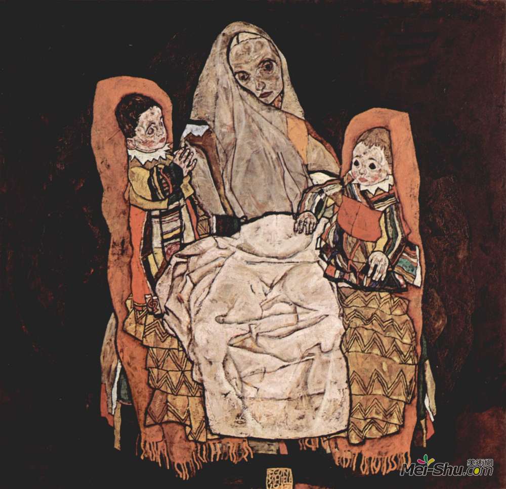 埃贡·席勒(Egon Schiele)高清作品《母亲有两个孩子》