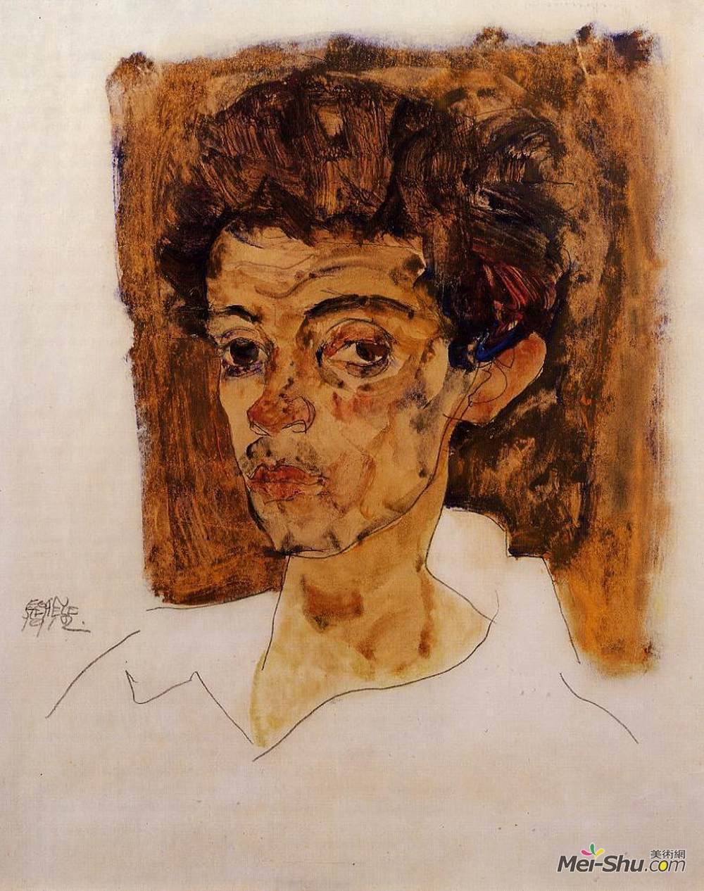 埃贡·席勒(Egon Schiele)高清作品《自画象有布朗背景》