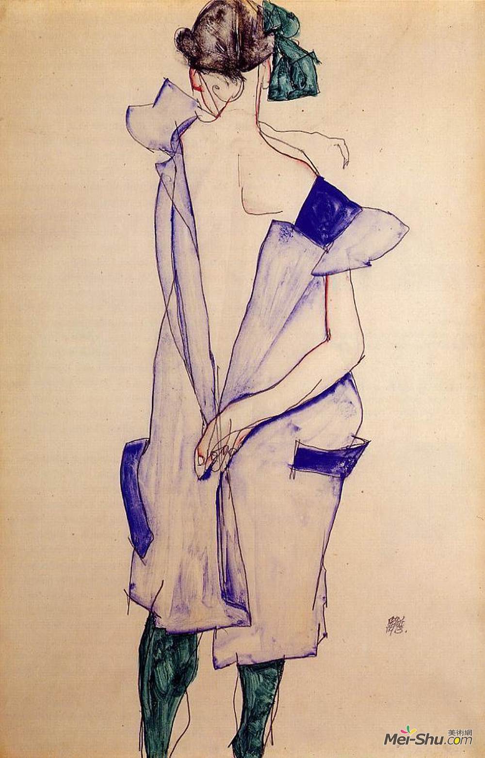 埃贡·席勒(Egon Schiele)高清作品《站立女孩在一件蓝色礼服和绿色长袜，后面看法》