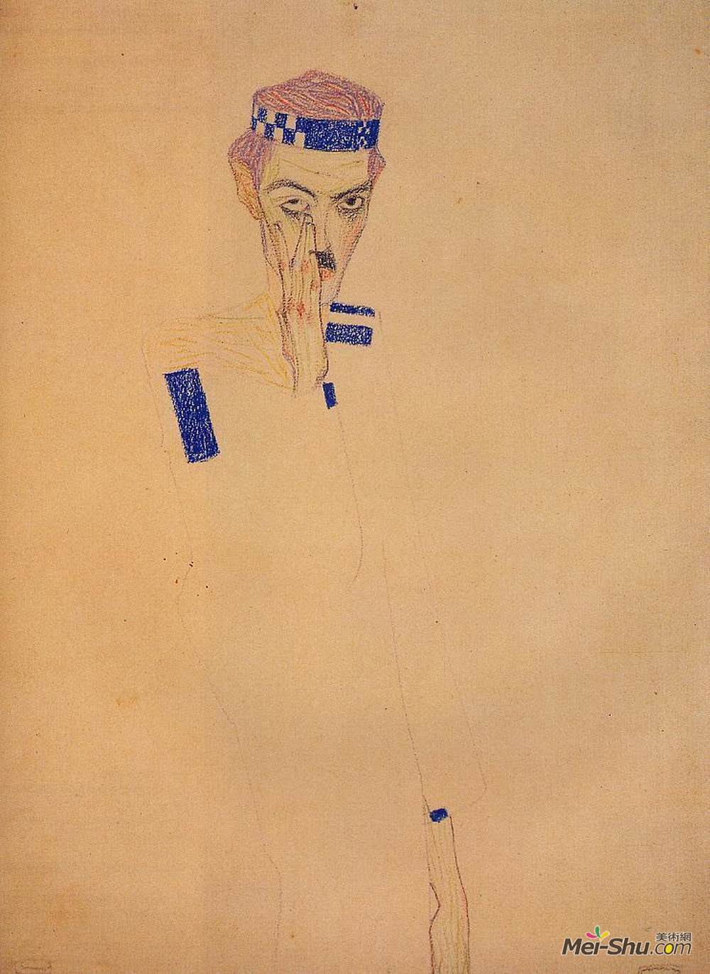 埃贡·席勒(Egon Schiele)高清作品《戴着蓝色头巾和手在脸颊上的男人》