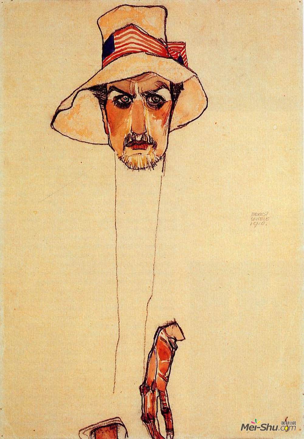 埃贡·席勒(Egon Schiele)高清作品《Portrait of a Man with a Floppy Hat (Portrait of Erwin Domin》