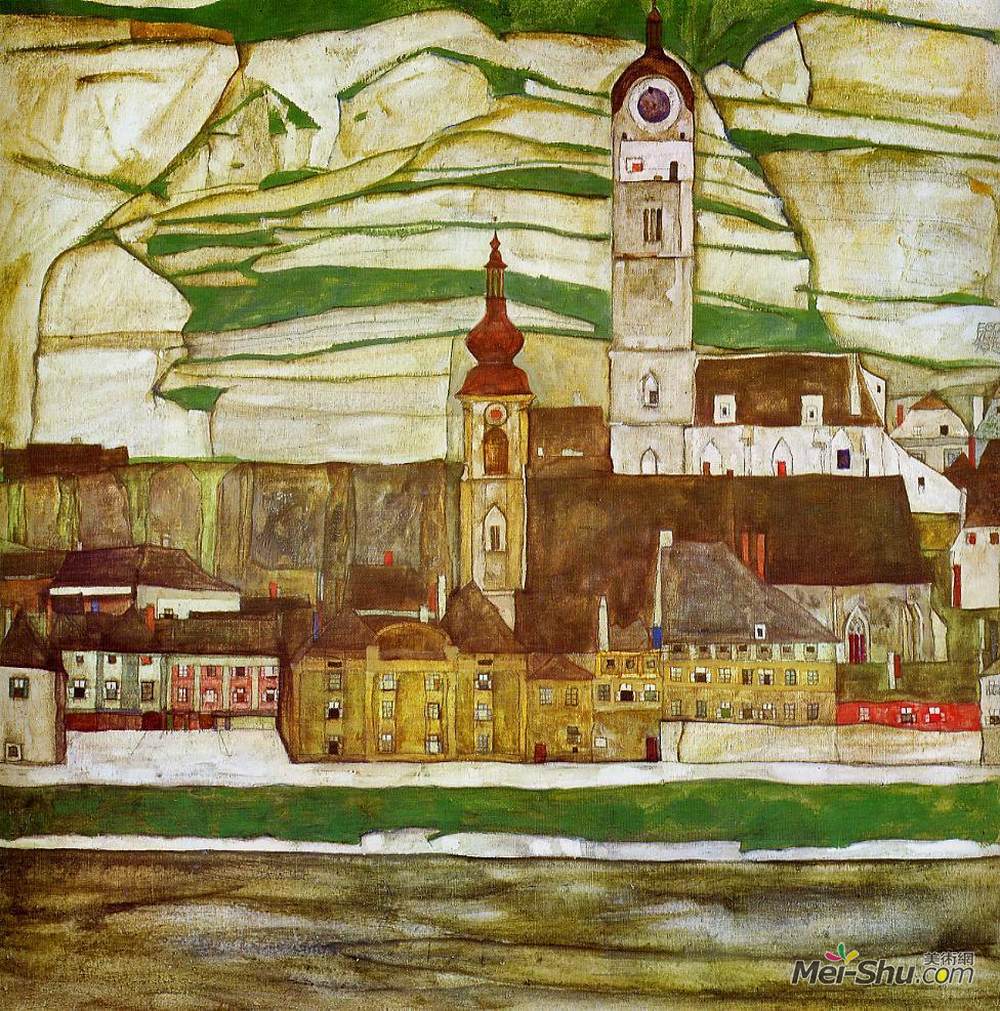 埃贡·席勒(Egon Schiele)高清作品《从南方看多瑙河上的施泰因》