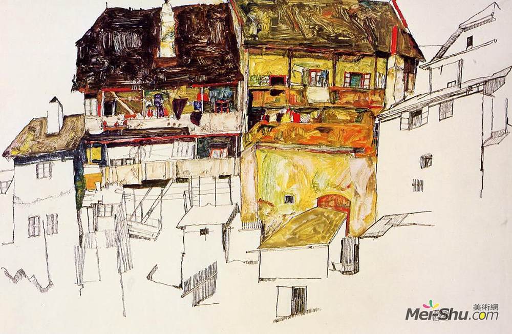 埃贡·席勒(Egon Schiele)高清作品《Old Houses in Krumau》