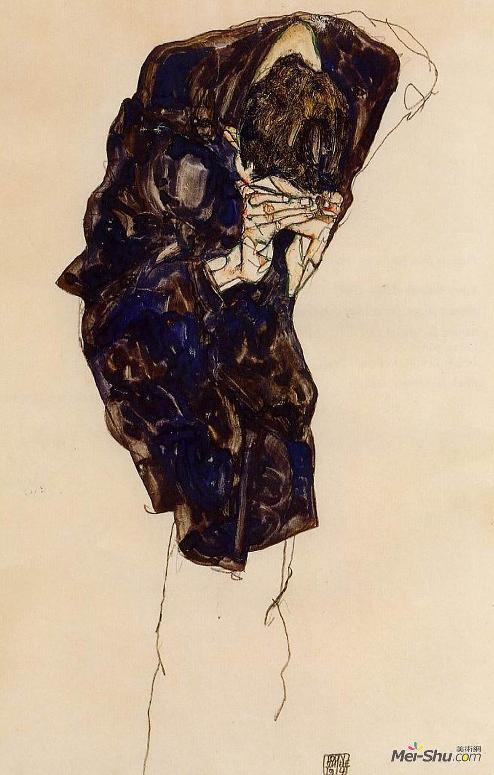 埃贡·席勒(Egon Schiele)高清作品《人深蹲下来》