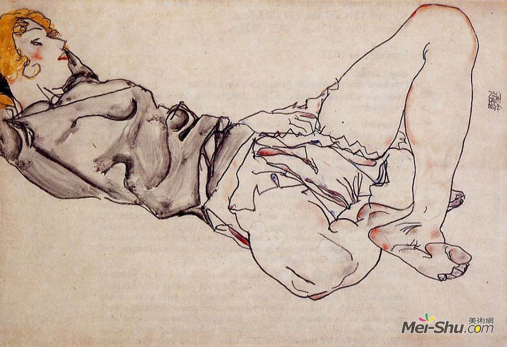 埃贡·席勒(Egon Schiele)高清作品《倚着金色头发的女人》