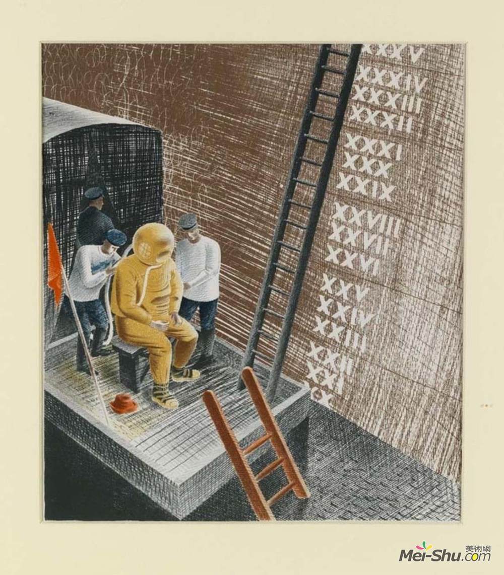 艾里克·拉斐留斯(Eric Ravilious)高清作品《The Diver, HMS Dolphin Submarine, WW2》