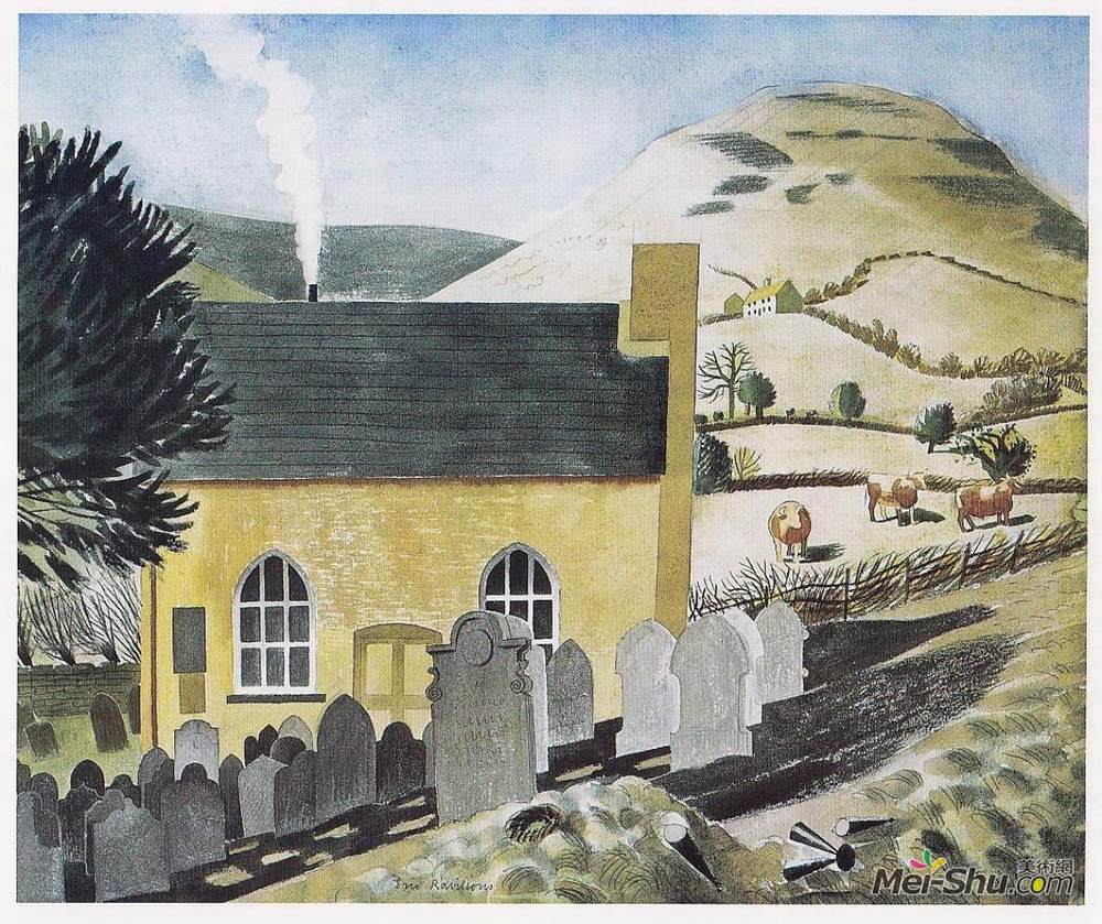 艾里克·拉斐留斯(Eric Ravilious)高清作品《DUKE OF HEREFORDS KNOB & BAPTIST CHAPEL AT CAPEL-Y-F》