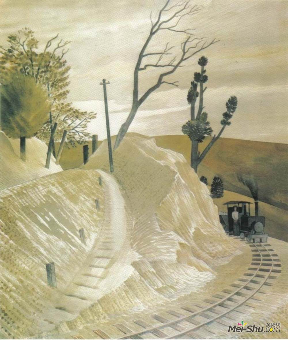 艾里克·拉斐留斯(Eric Ravilious)高清作品《蒸汽火车绕过弯道》