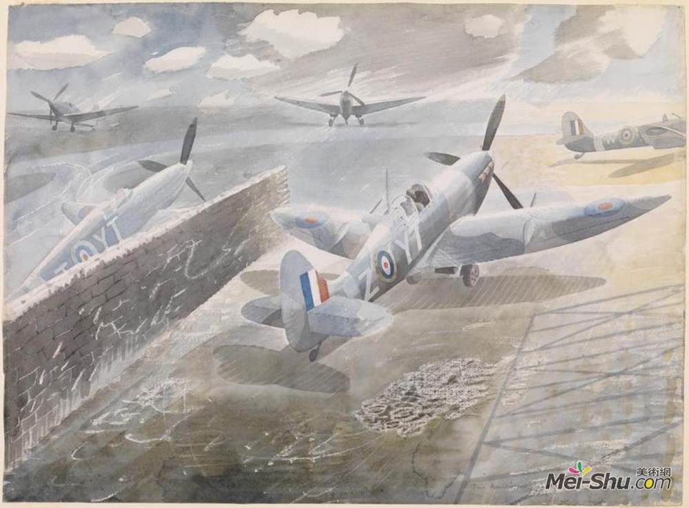 艾里克·拉斐留斯(Eric Ravilious)高清作品《Spitfires at Sawbridgeworth, Herts 1942》