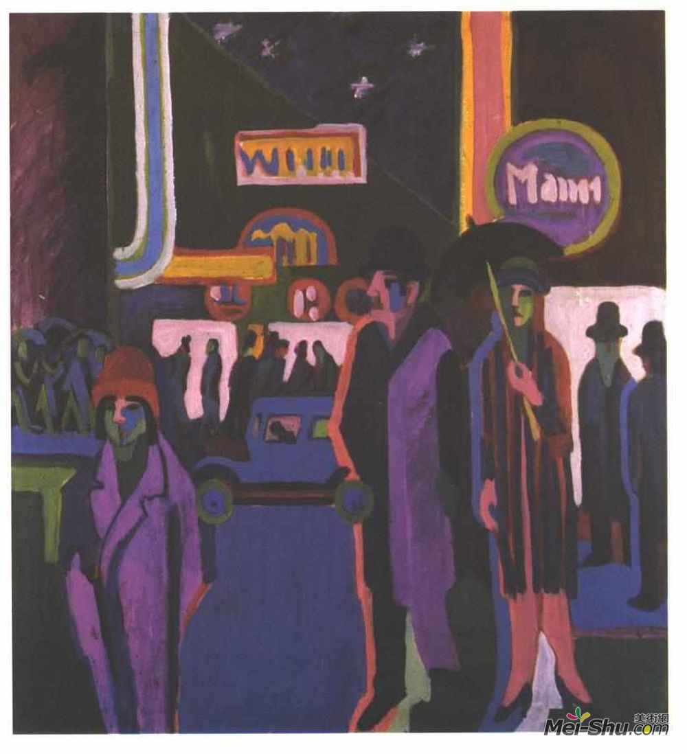 恩斯特·路德维希·克尔希纳(Ernst Ludwig Kirchner)高清作品《夜间街景》