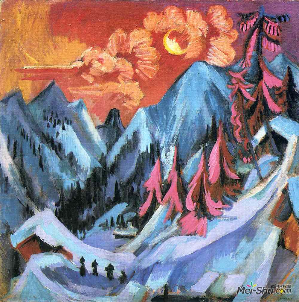 恩斯特·路德维希·克尔希纳(Ernst Ludwig Kirchner)高清作品《月光下的冬季风景》