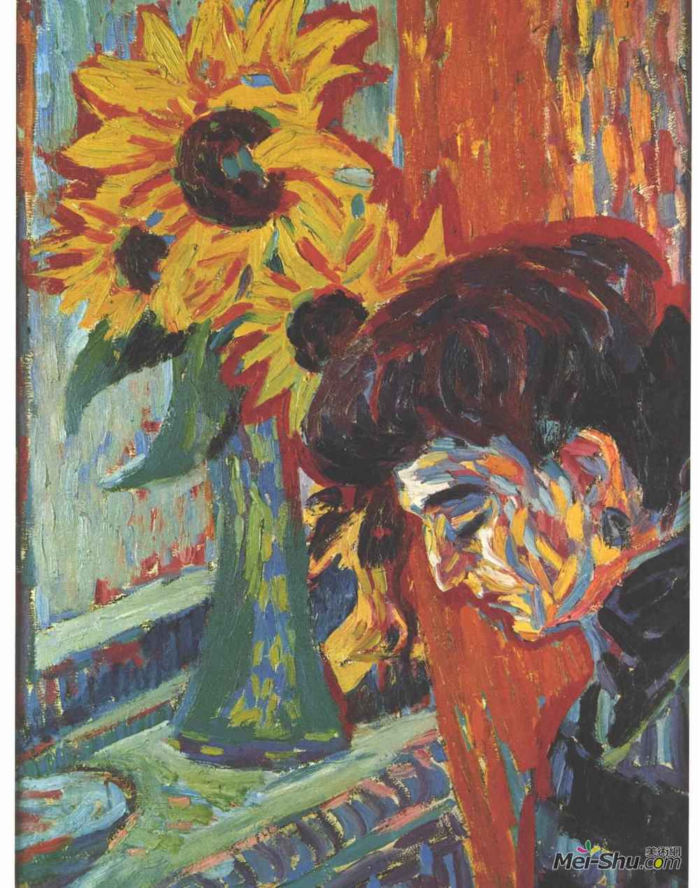 恩斯特·路德维希·克尔希纳(Ernst Ludwig Kirchner)高清作品《向日葵前的女人头像》