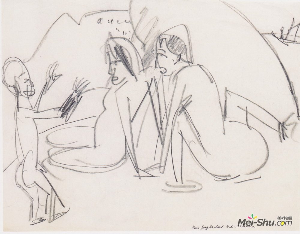 恩斯特·路德维希·克尔希纳(Ernst Ludwig Kirchner)高清作品《海滩上的女人与雕塑》