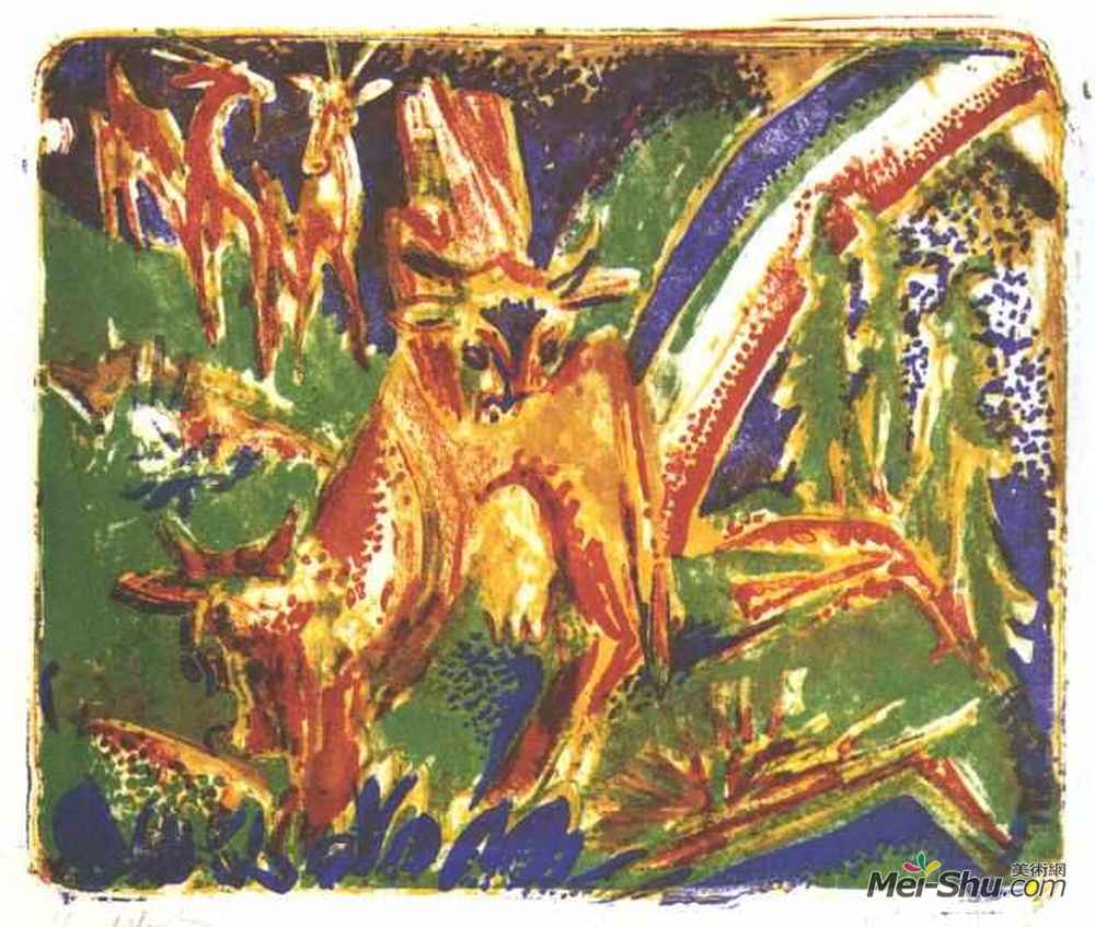 恩斯特·路德维希·克尔希纳(Ernst Ludwig Kirchner)高清作品《彩虹下的牛儿》