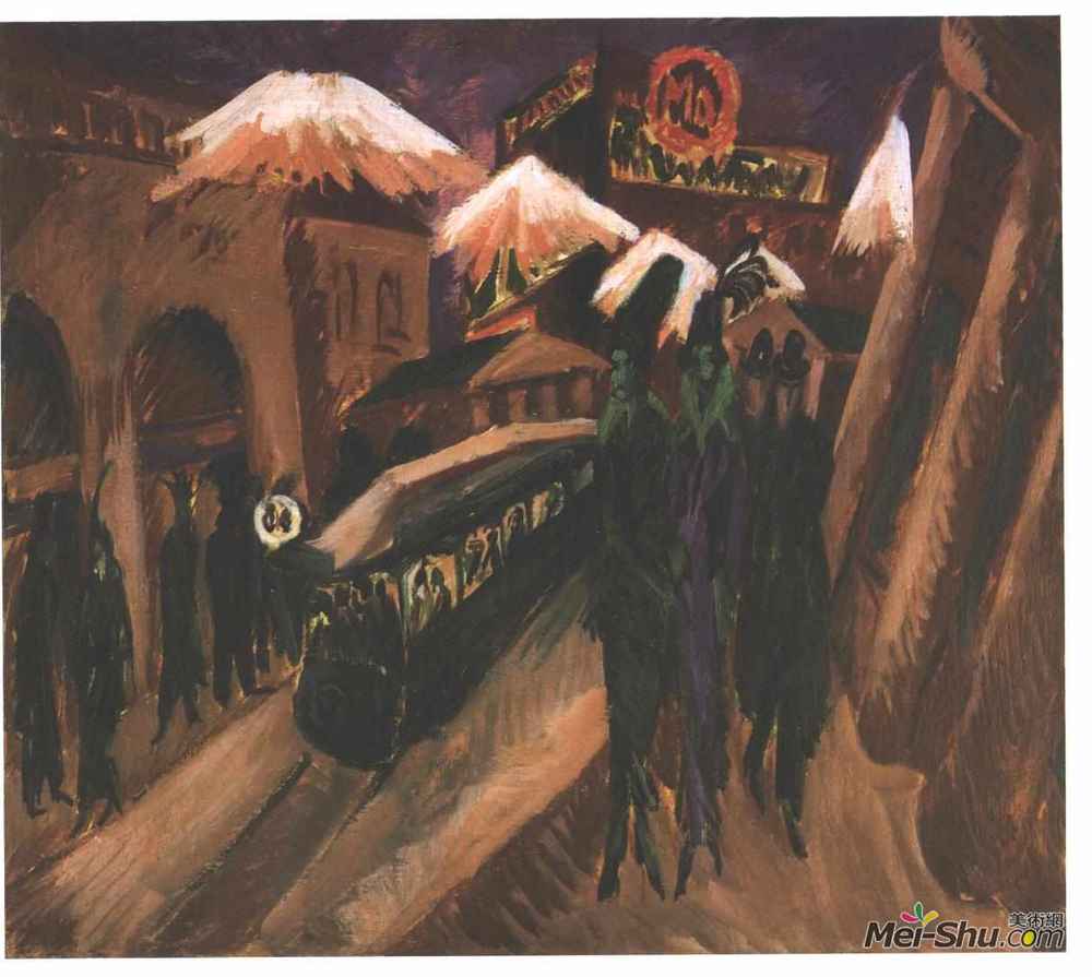 恩斯特·路德维希·克尔希纳(Ernst Ludwig Kirchner)高清作品《Leipziger Strasse with eletric train》