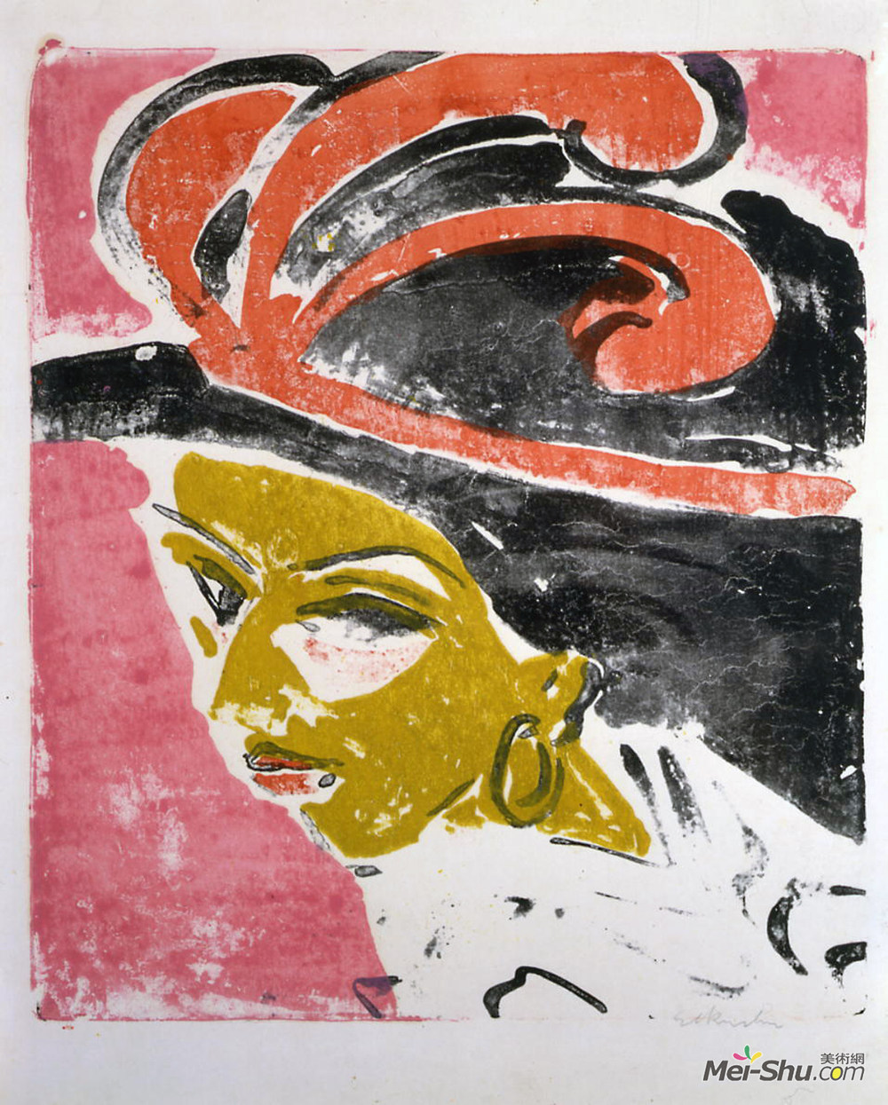 恩斯特·路德维希·克尔希纳(Ernst Ludwig Kirchner)高清作品《Kokottenkopf with Feathered Hat》