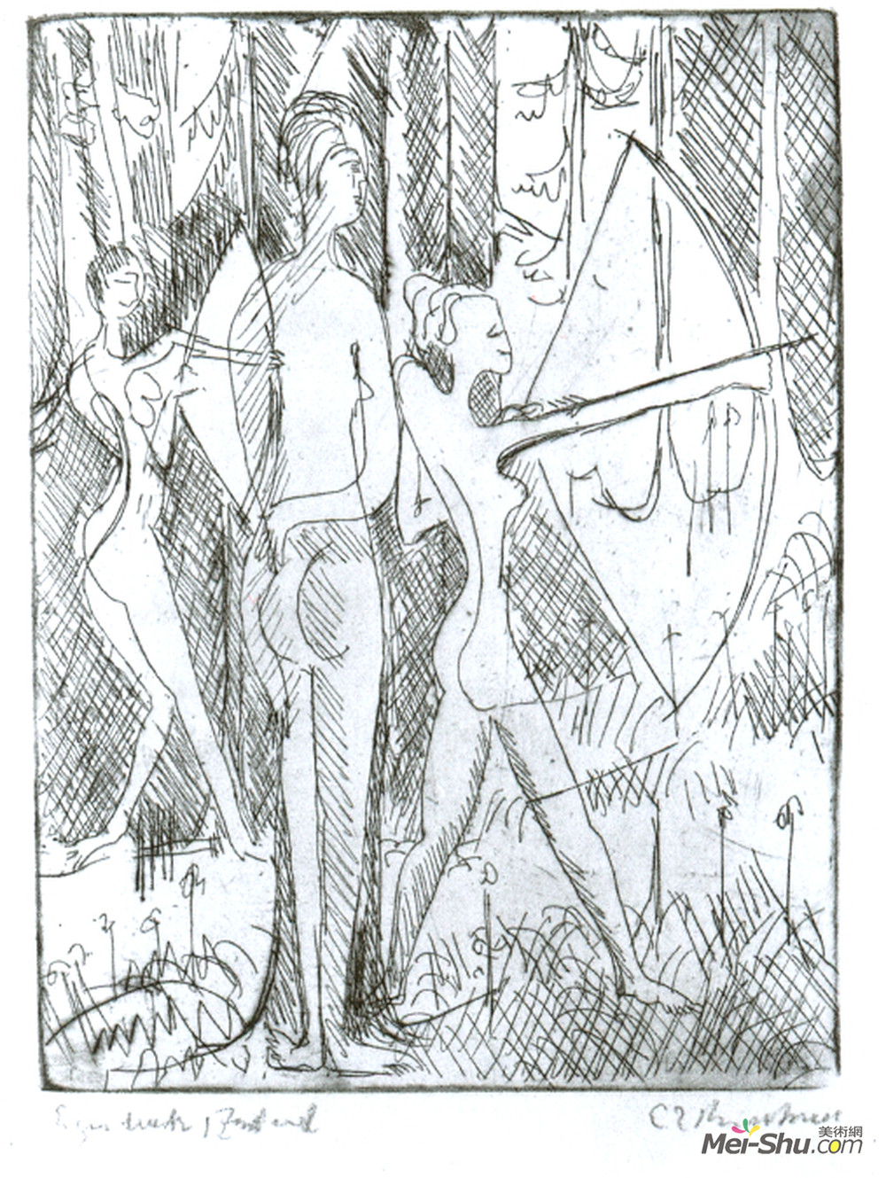 恩斯特·路德维希·克尔希纳(Ernst Ludwig Kirchner)高清作品《树林中的弓箭女孩》