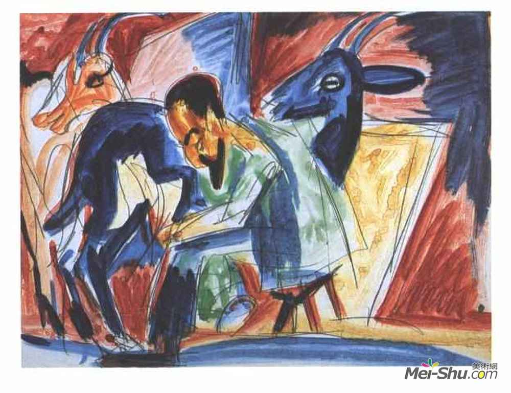 恩斯特·路德维希·克尔希纳(Ernst Ludwig Kirchner)高清作品《农夫挤奶山羊》