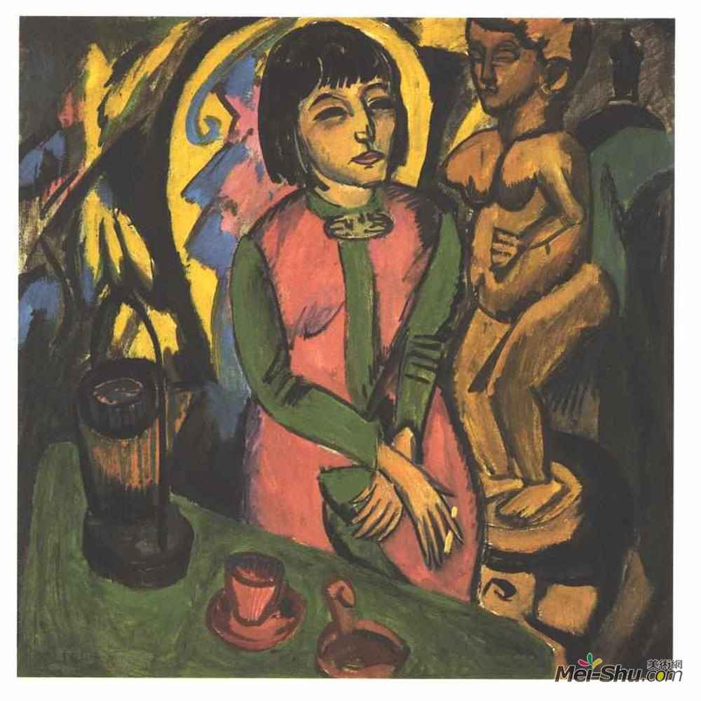 恩斯特·路德维希·克尔希纳(Ernst Ludwig Kirchner)高清作品《坐着木雕的女人》