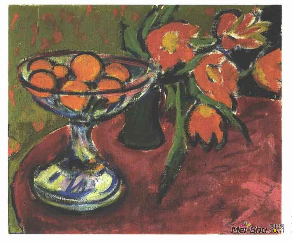 恩斯特·路德维希·克尔希纳(Ernst Ludwig Kirchner)高清作品《仍然与郁金香和柑橘生活》