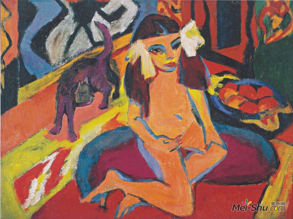 恩斯特·路德维希·克尔希纳(Ernst Ludwig Kirchner)高清作品《带猫的女孩（弗兰齐）》