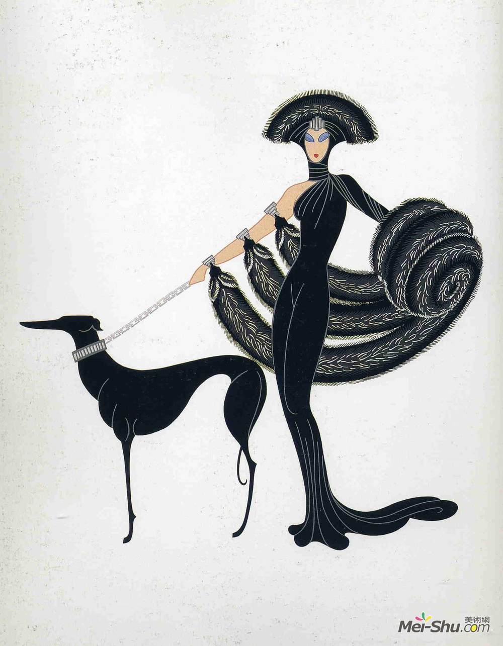 埃尔特(Erte)高清作品《服装设计：穿黑衣服，戴皮帽，戴帽子的女人》