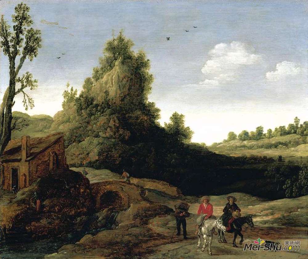 艾萨亚斯·凡·德·维尔德(Esaias van de Velde)高清作品《旅行者在小桥前过桥的风景》