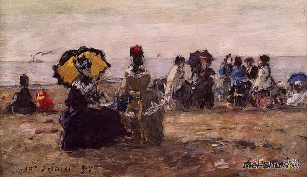 尤金·布丹(Eugene Boudin)高清作品《海滩场景，黄色雨伞》