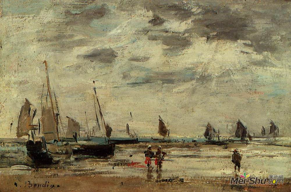 尤金·布丹(Eugene Boudin)高清作品《低潮时的贝克，码头和帆船》